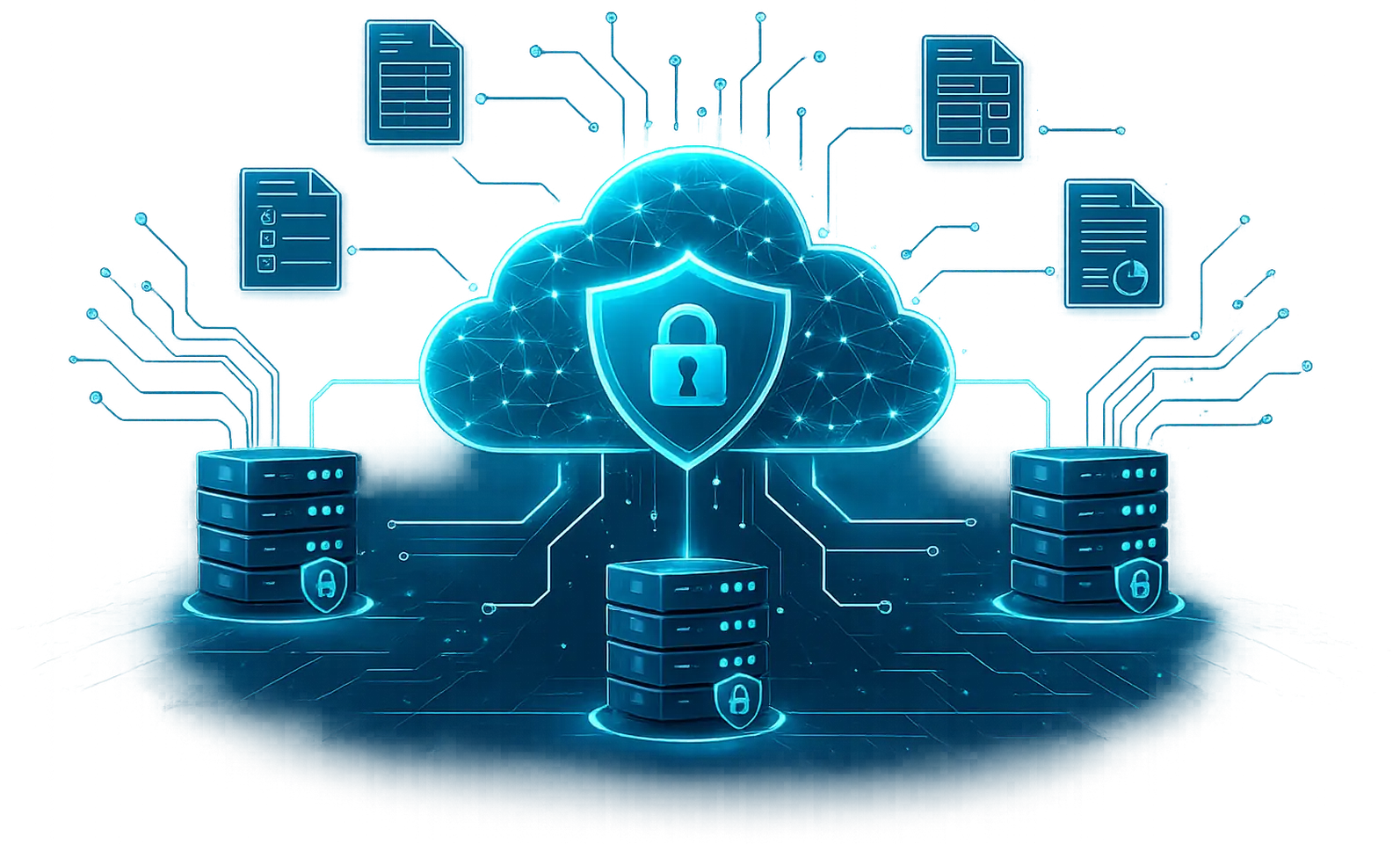 ATX Tax cloud hosting illustration with security shield, cloud sync, and encrypted server icons