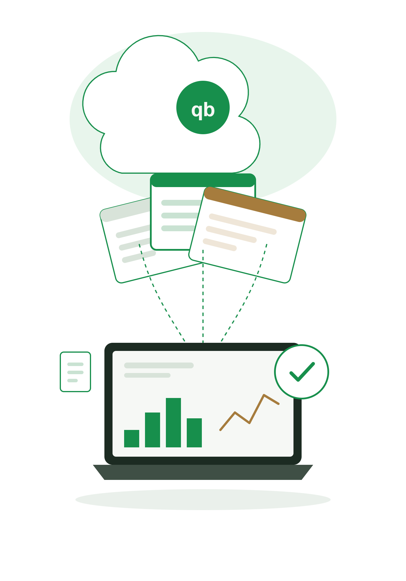 Illustration of QuickBooks Accountant Desktop hosting for CPA and bookkeeping firms, showing multiple client files connecting to a hosted laptop dashboard